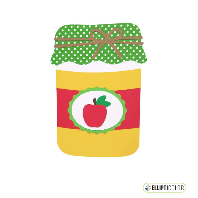 Greeting card shaped like a jar with a green lid, red label with an apple, and yellow base