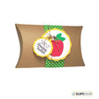 Gift box with a decorative tag featuring an apple and text on a white background