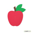 Red apple shaped greeting card with a green leaf and brown stem on a white background