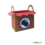 Blueberry themed empty treat basket made from brown card stock with a red and white checked liner