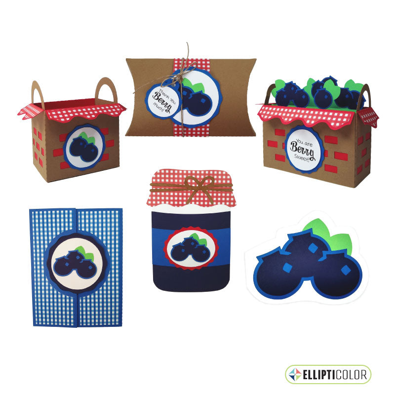 Blueberry themed paper crafted basket, pillow box, and four greeting cards