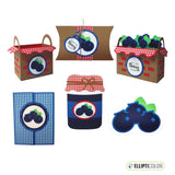 Blueberry themed paper crafted basket, pillow box, and four greeting cards