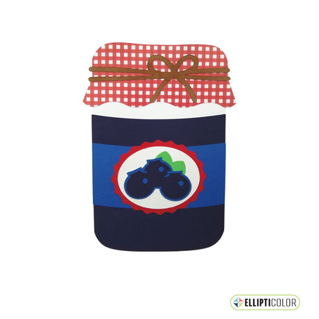 Greeting card shaped like a jar of blueberry jam with a cloth lid tied with twine