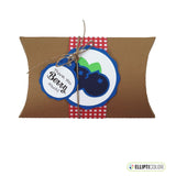 Kraft colored card stock pillow box embellished with a blueberry design and message