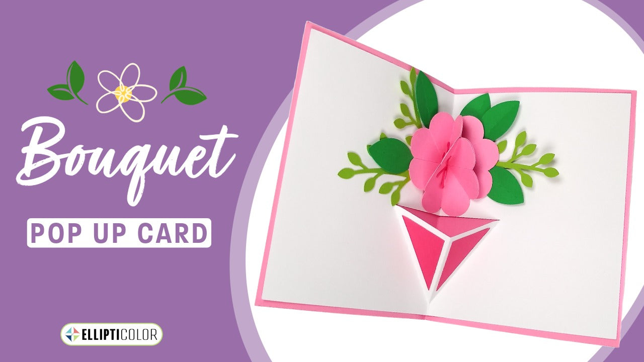 Bouquet pop-up card with pink flowers and green leaves on a purple background