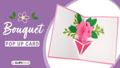 Bouquet pop-up card with pink flowers and green leaves on a purple background