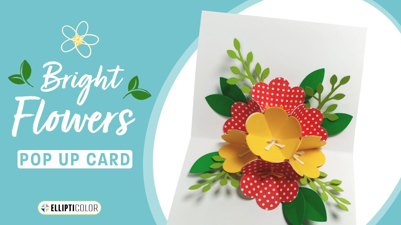Pop-up card with red and yellow flowers on a blue background