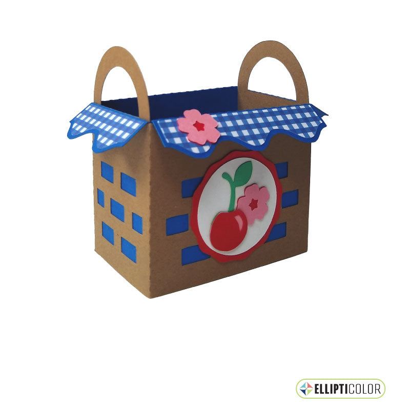 Cherry themed empty treat basket made from brown card stock with a blue and white checked liner