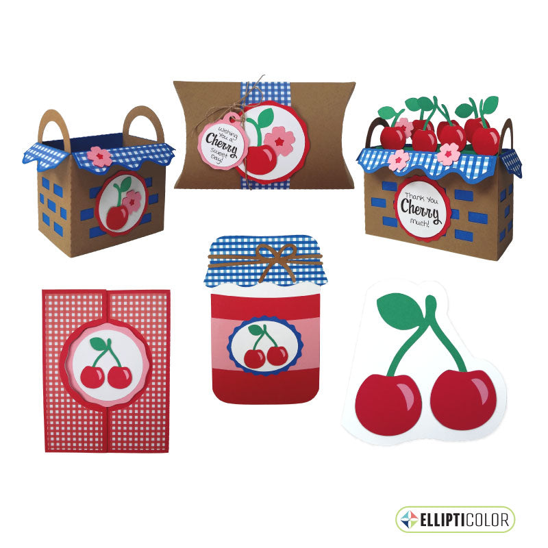 Cherry themed paper crafted basket, pillow box, and four greeting cards