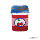 Greeting card shaped like a jar of cherry jam with a cloth lid tied with twine