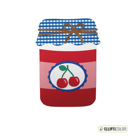Greeting card shaped like a jar of cherry jam with a cloth lid tied with twine
