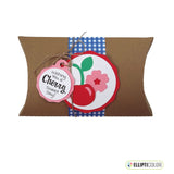 Kraft colored card stock pillow box embellished with a cherry design and message