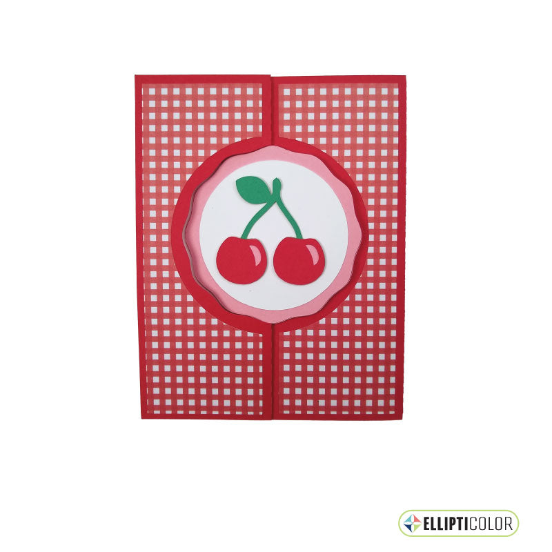 Cherry themed red and white checkered greeting card