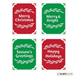 Four Christmas-themed cards with text 'Merry Christmas', 'Merry & Bright', 'Season's Greetings', and 'Happy Holidays' on a white background.