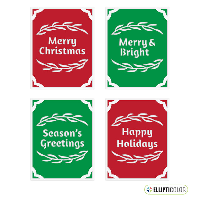 Four Christmas-themed cards with text 'Merry Christmas', 'Merry & Bright', 'Season's Greetings', and 'Happy Holidays' on a white background.