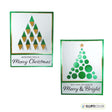 Two Christmas-themed greeting cards with geometric tree designs on a white background.
