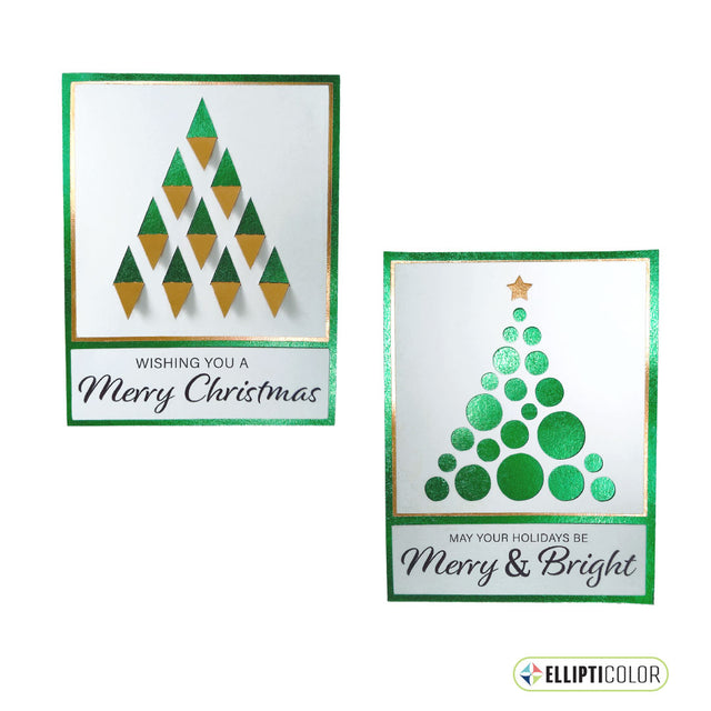 Two Christmas-themed greeting cards with geometric tree designs on a white background.