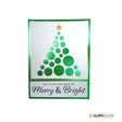 Christmas card with green circle tree design and 'Merry & Bright' text on a white background