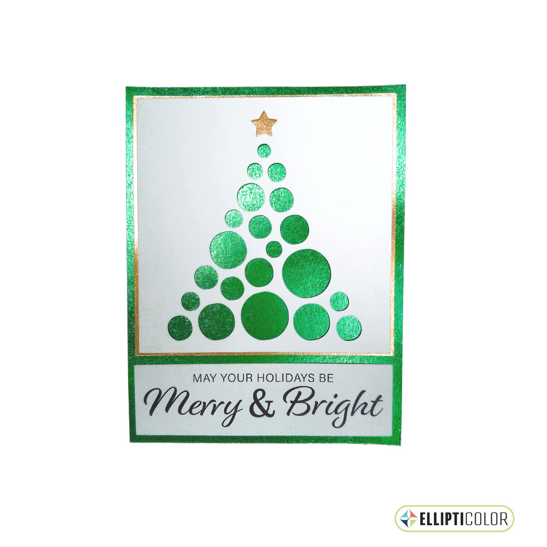 Christmas card with green circle tree design and 'Merry & Bright' text on a white background