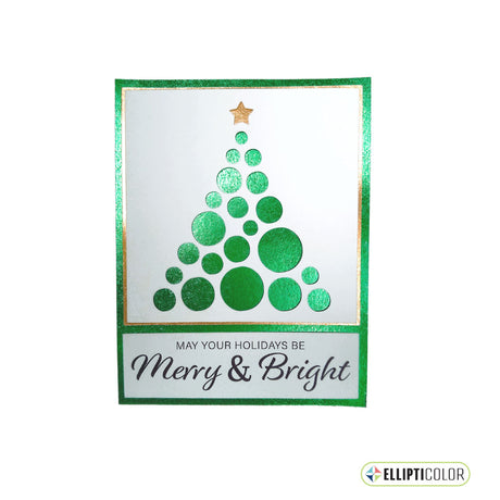 Christmas card with green circle tree design and 'Merry & Bright' text on a white background