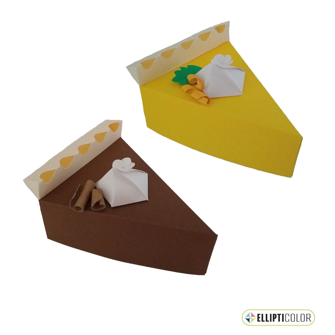Paper craft boxes shaped like lemon cream pie and chocolate cream pie with whipped cream.