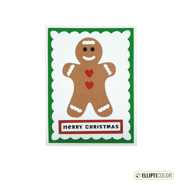 Gingerbread man greeting card with 'Merry Christmas' text on a green border.