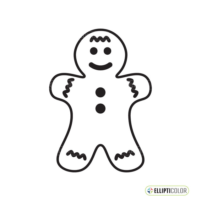 Black outline of a gingerbread man on a white background with Ellipticolor logo.