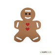 Gingerbread man shaped greeting card with red hearts on a white background