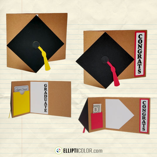 Graduation-themed cards with gift card and money holders pockets, black caps, and colorful tassels.