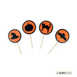 Halloween-themed cupcake toppers with black cat, pumpkin, and witch hat designs on orange circles with black borders.