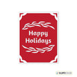 Red greeting card with 'Happy Holidays' text and white leaf designs on a white background