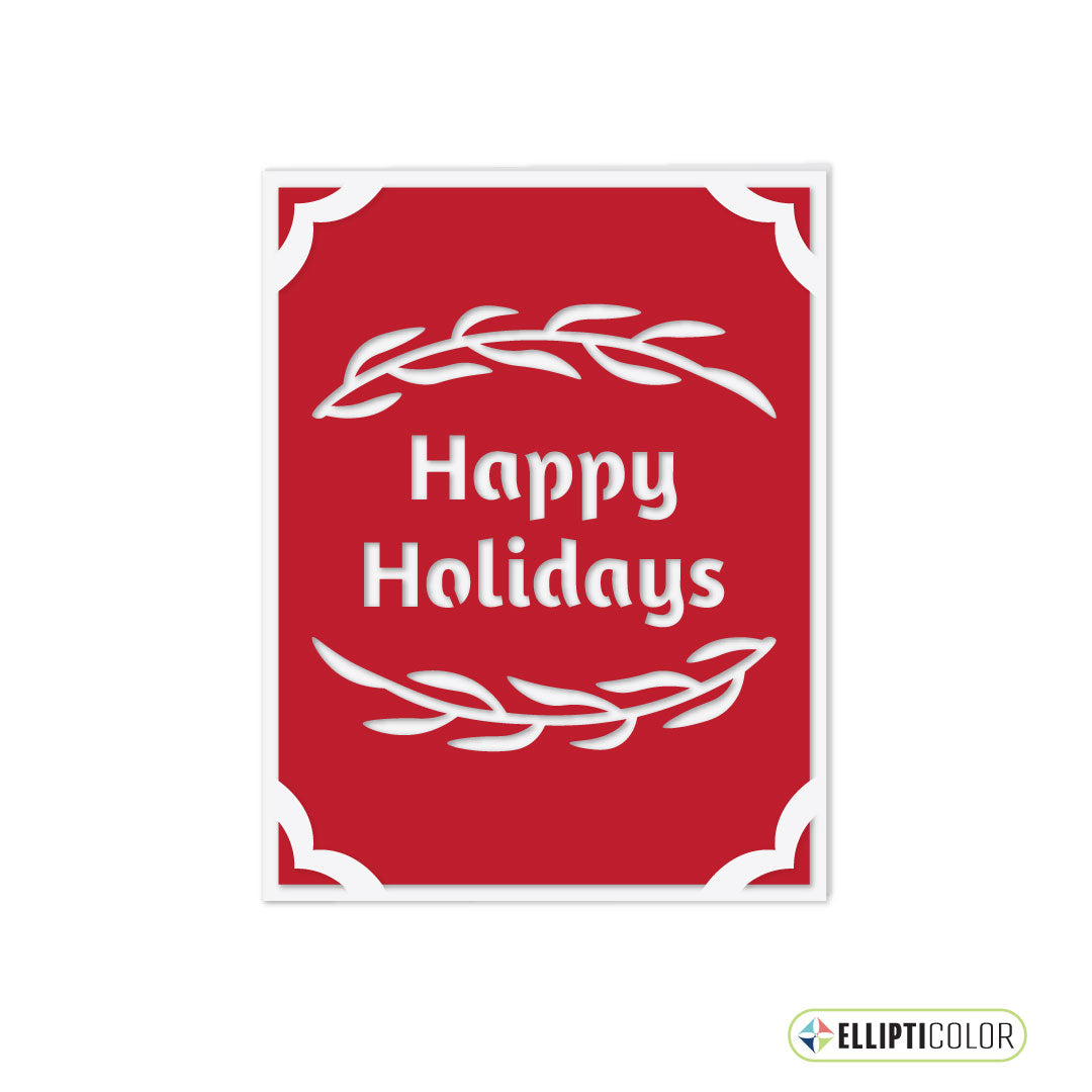 Red greeting card with 'Happy Holidays' text and white leaf designs on a white background