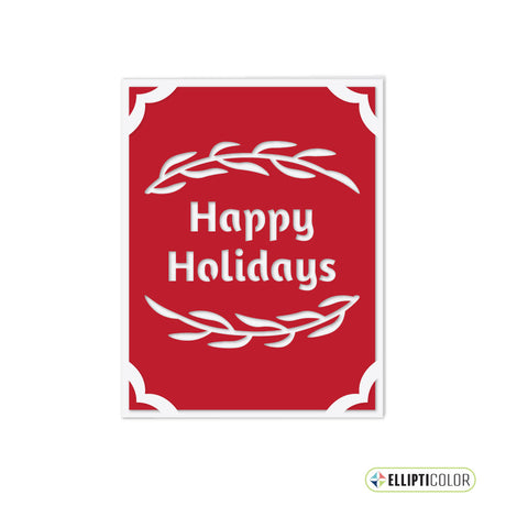Red greeting card with 'Happy Holidays' text and white leaf designs on a white background