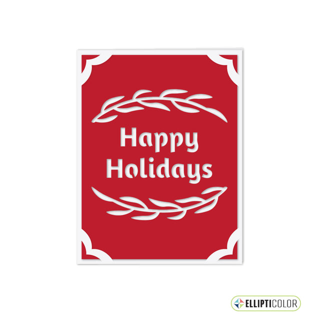 Red greeting card with 'Happy Holidays' text and white leaf designs on a white background