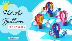 Four open greeting cards featuring colorful sliceform hot air balloons with 'Hot Air Balloon Pop Up Cards' text.