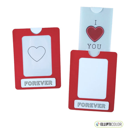 Magic slider card with a 'Forever' message and a red frame around a heart that is black and white before the tab is pulled and colorful after