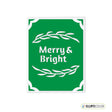 Green greeting card with 'Merry & Bright' text and white leaf designs on a white background