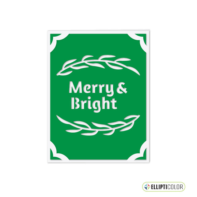 Green greeting card with 'Merry & Bright' text and white leaf designs on a white background