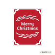 Red greeting card with 'Merry Christmas' text and white leaf designs on a white background