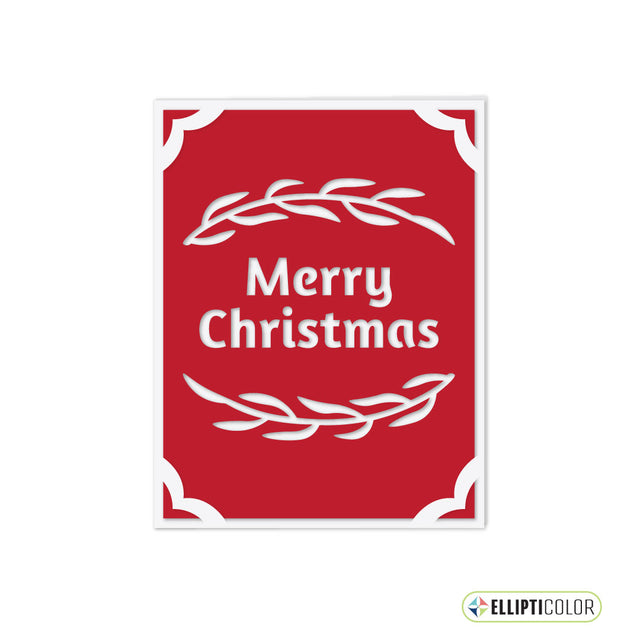 Red greeting card with 'Merry Christmas' text and white leaf designs on a white background