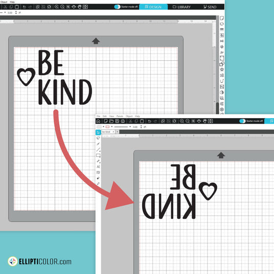 Silhouette studio software displaying a 'Be Kind' design with an arrow pointing toward an inverted 'Be Kind' design.