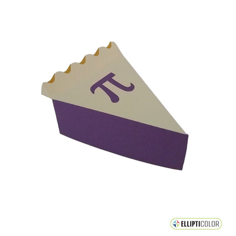 Paper craft pie shaped box with a Pi math symbol cut out of the top crust and purple pie filling.