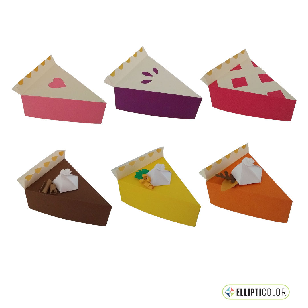 Colorful paper boxes shaped like pie slices on a white background.