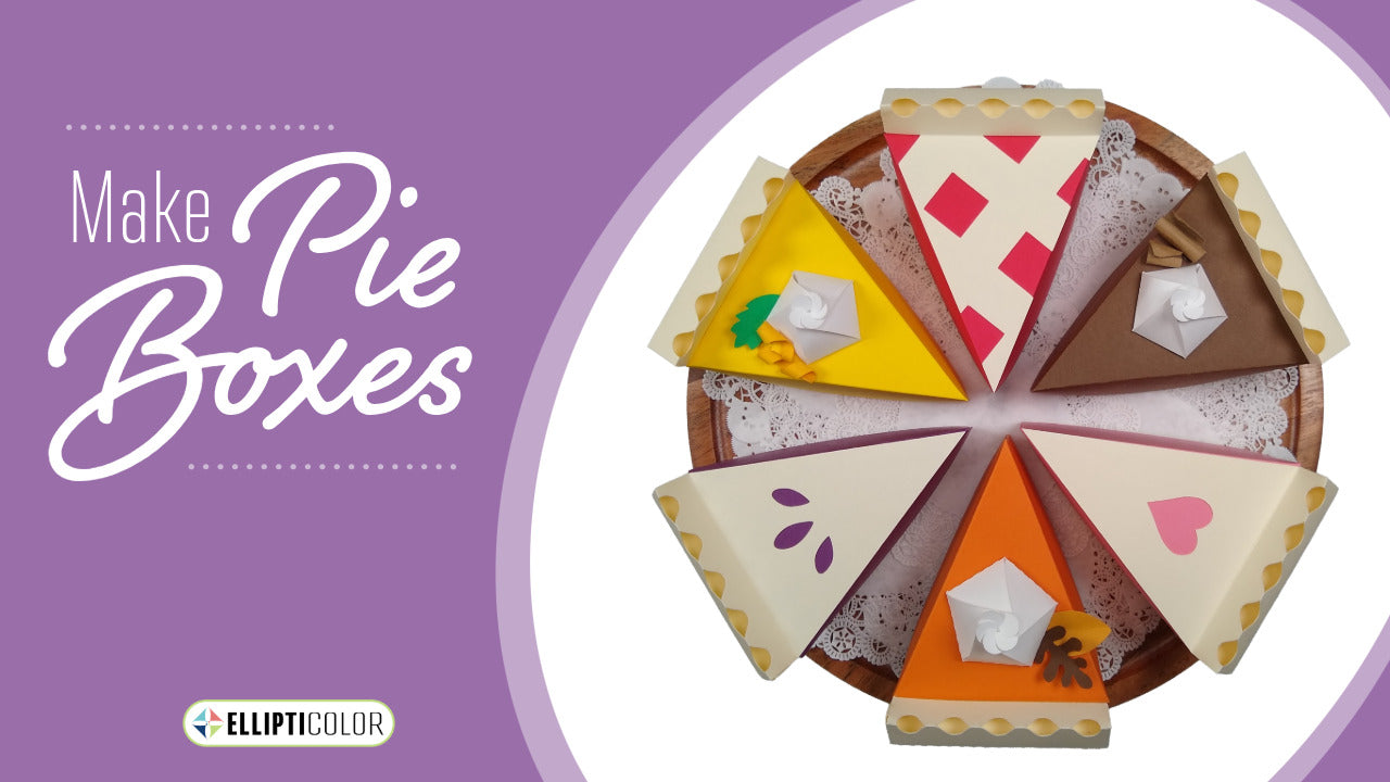 Colorful paper craft pie boxes on a purple background with "Make Pie Boxes" text.