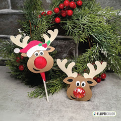 Two reindeer themed treat holders with red candy noses in front of a gray background and Christmas garland