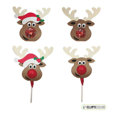 Four reindeer-shaped paper craft candy holders with red candy noses and Santa hats.