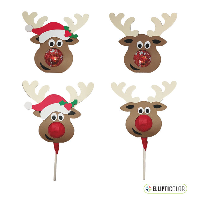 Four reindeer-shaped paper craft candy holders with red candy noses and Santa hats.