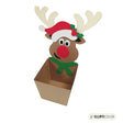 Paper craft reindeer box with a red nose, green scarf and Santa hat.