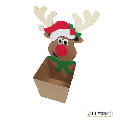 Paper craft reindeer box with a red nose, green scarf and Santa hat.