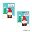 Two Christmas-themed  greeting cards with Santa gnomes and text on a white background
